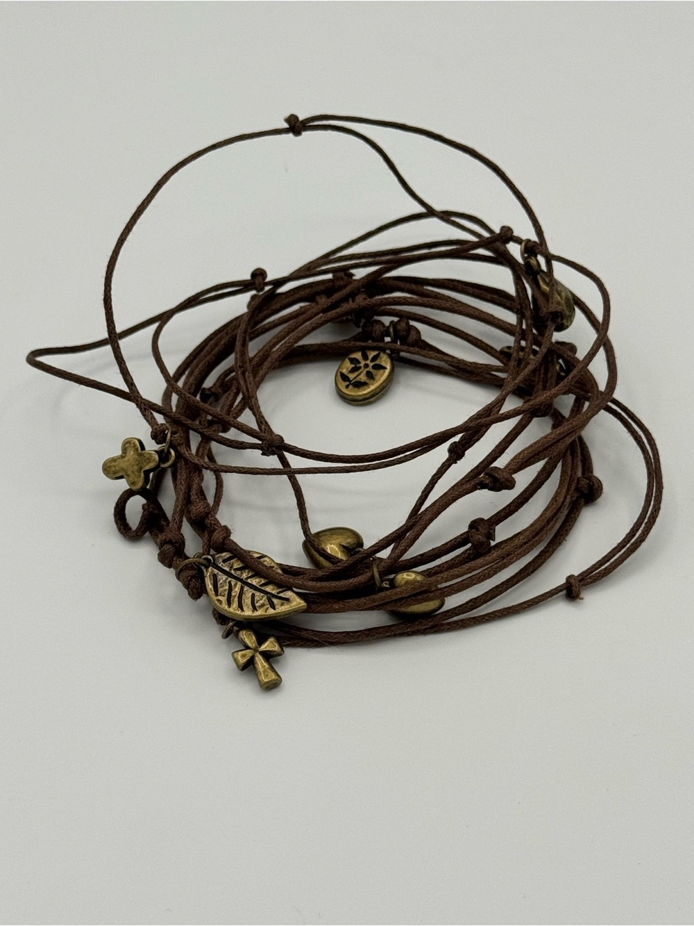 Boho Brown Leather Wrap Bracelet with Brass Charms- 9 bracelets